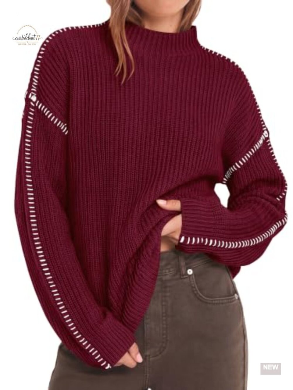 Oversized Chunky Knit Sweater Mock Neck Drop Shoulder Ladder Stitch Pullover
